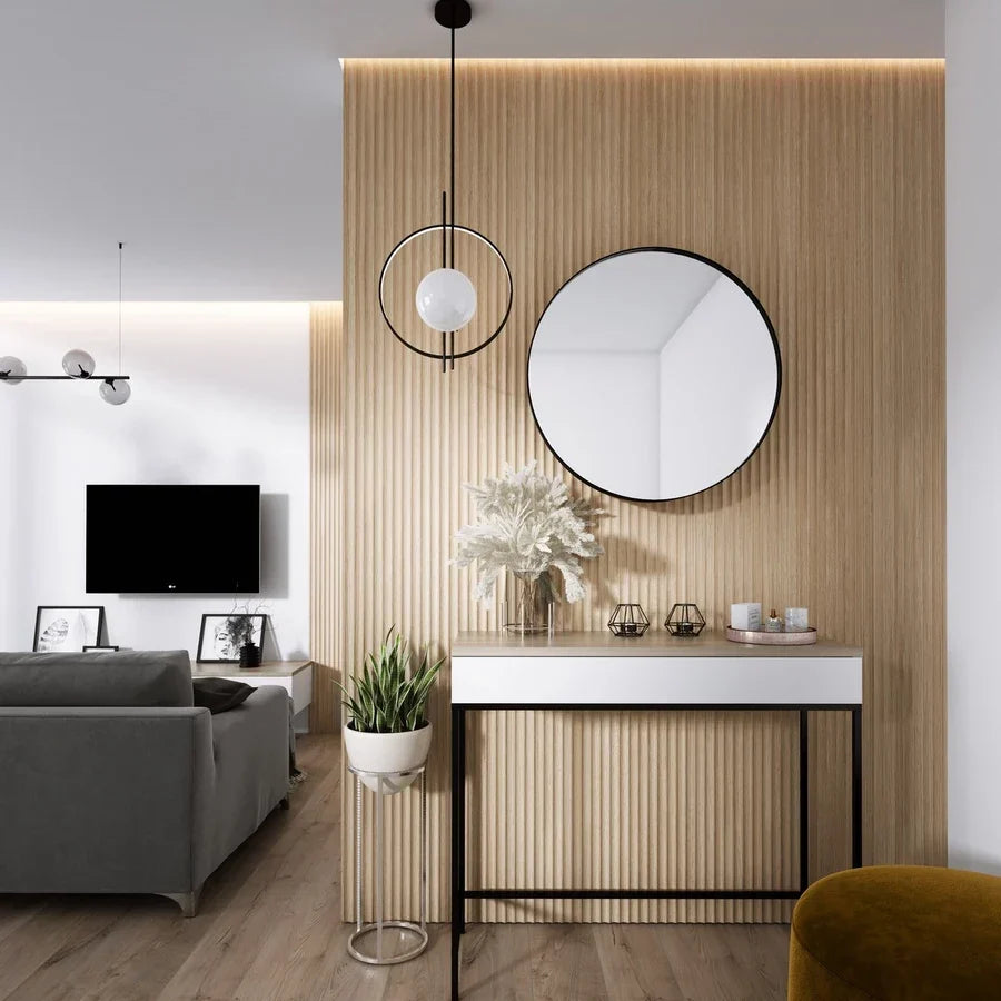 Dizájn fali dekoráció nappaliban: Inspira Lux fahatású panel belsőépítészeti környezetben Inspira Bútor