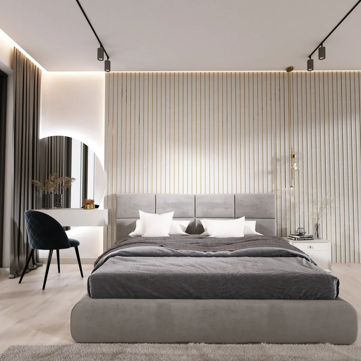 Modern hálószoba dekoráció szürke, bordázott Inspira Decora falpanellel Inspira Bútor