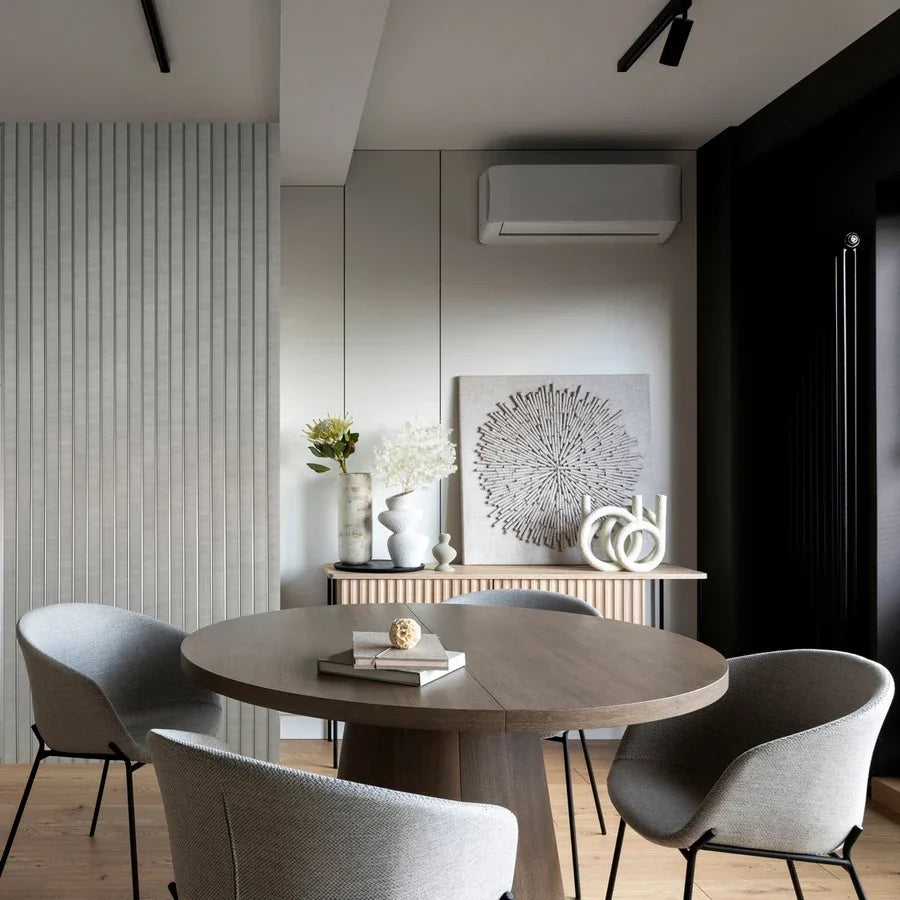 Modern étkező sarok szürke bordázott Inspira Decora falpanellel dekorálva Inspira Bútor